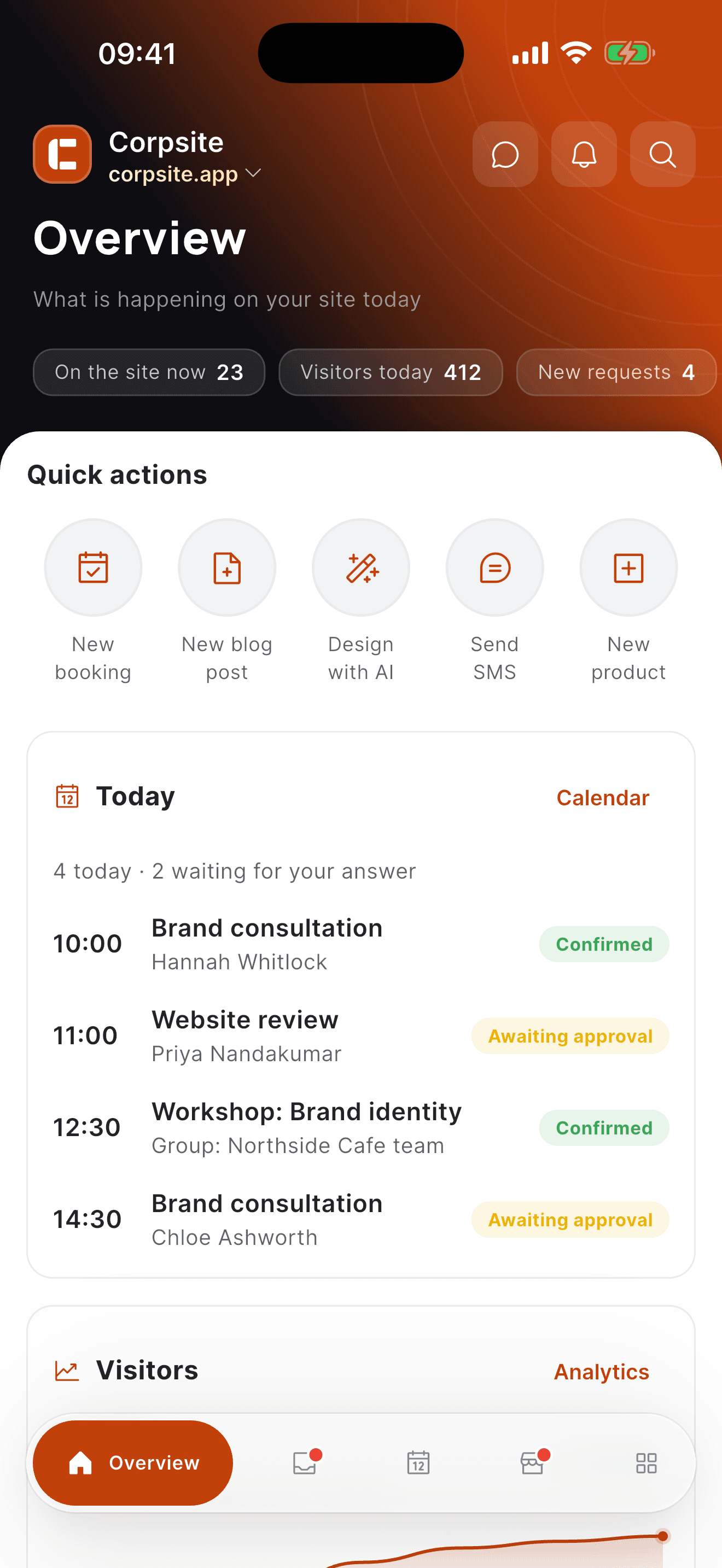 The Corpsite app showing today at a glance: visitors, new messages and bookings