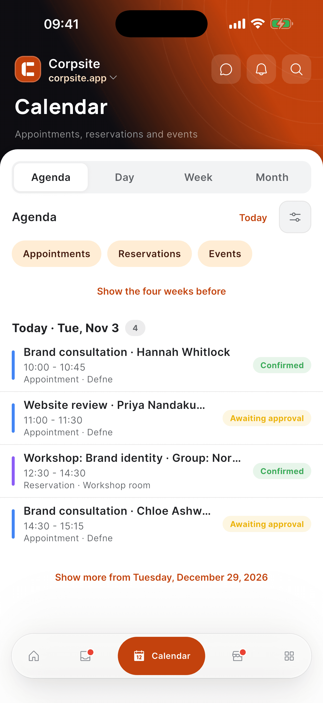 The Corpsite app calendar: the day's bookings and those awaiting confirmation