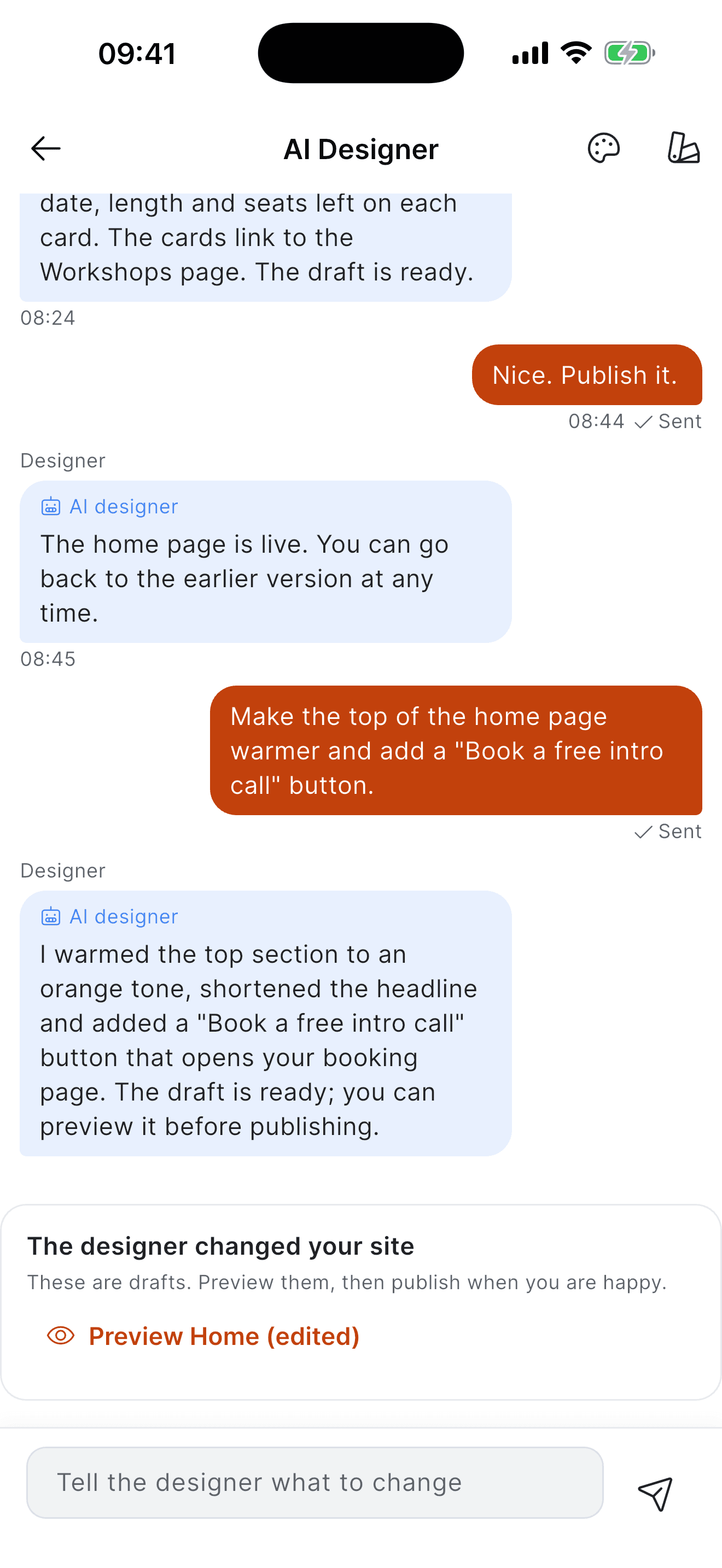 The Corpsite app AI designer: a conversation beside a draft preview of the site