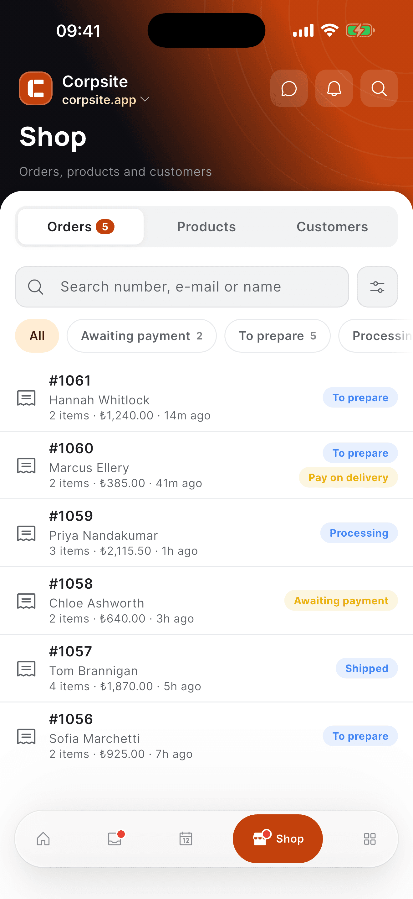 The Corpsite app shop: orders, products and a low stock warning