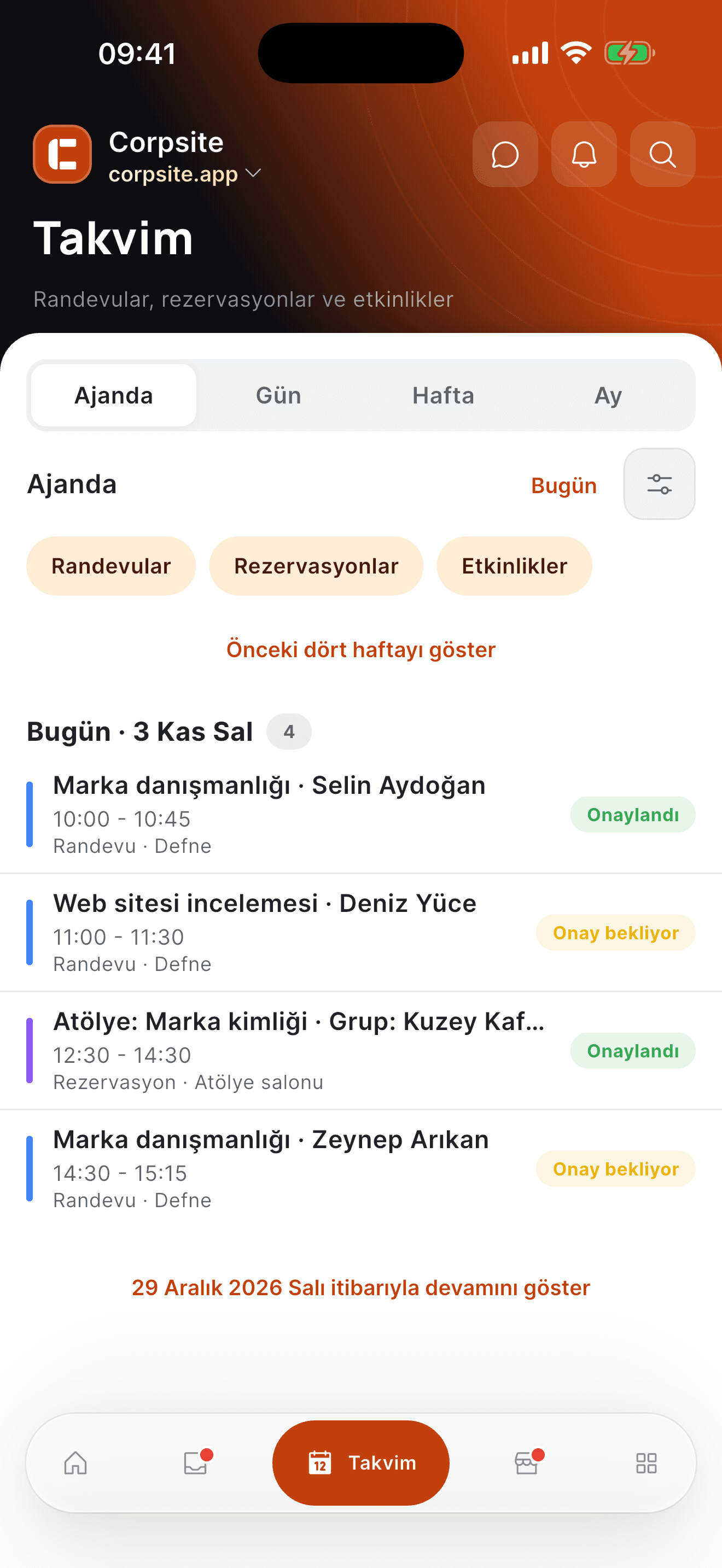 Corpsite uygulaması takvimi: günün rezervasyonları ve onay bekleyenler