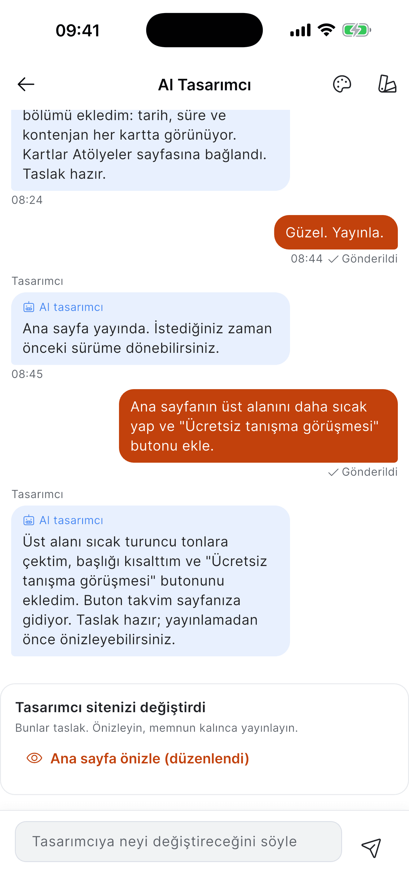 Corpsite uygulamasında yapay zeka tasarımcı ile sohbet ve sitenin taslak önizlemesi