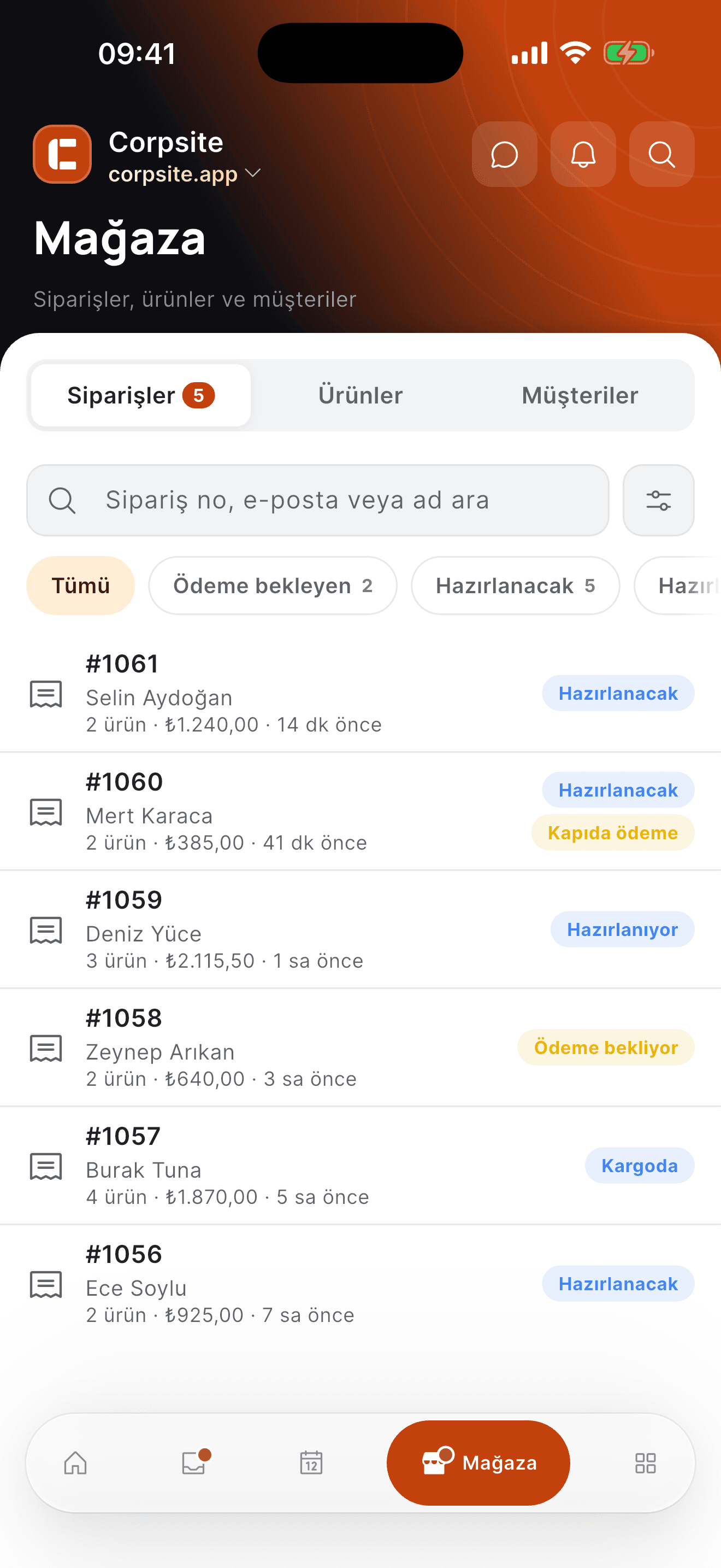 Corpsite uygulaması mağaza ekranı: siparişler, ürünler ve düşük stok uyarısı