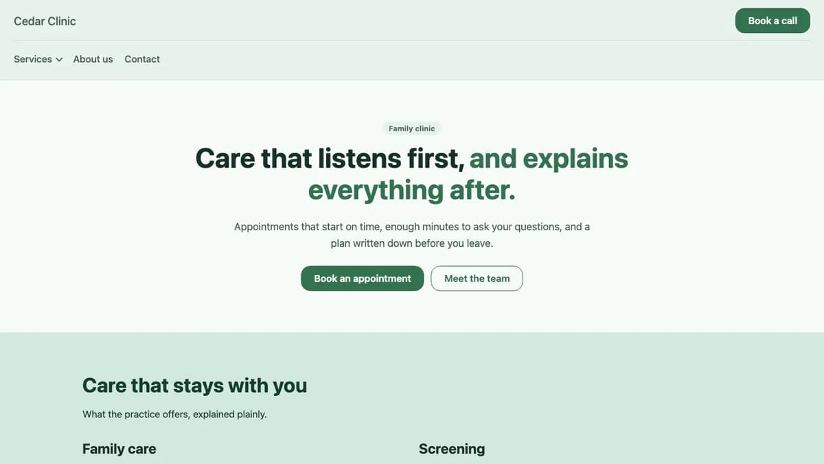 Home page of the Cedar Care theme