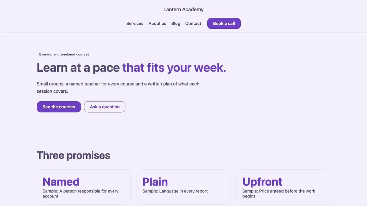 Home page of the Lantern theme