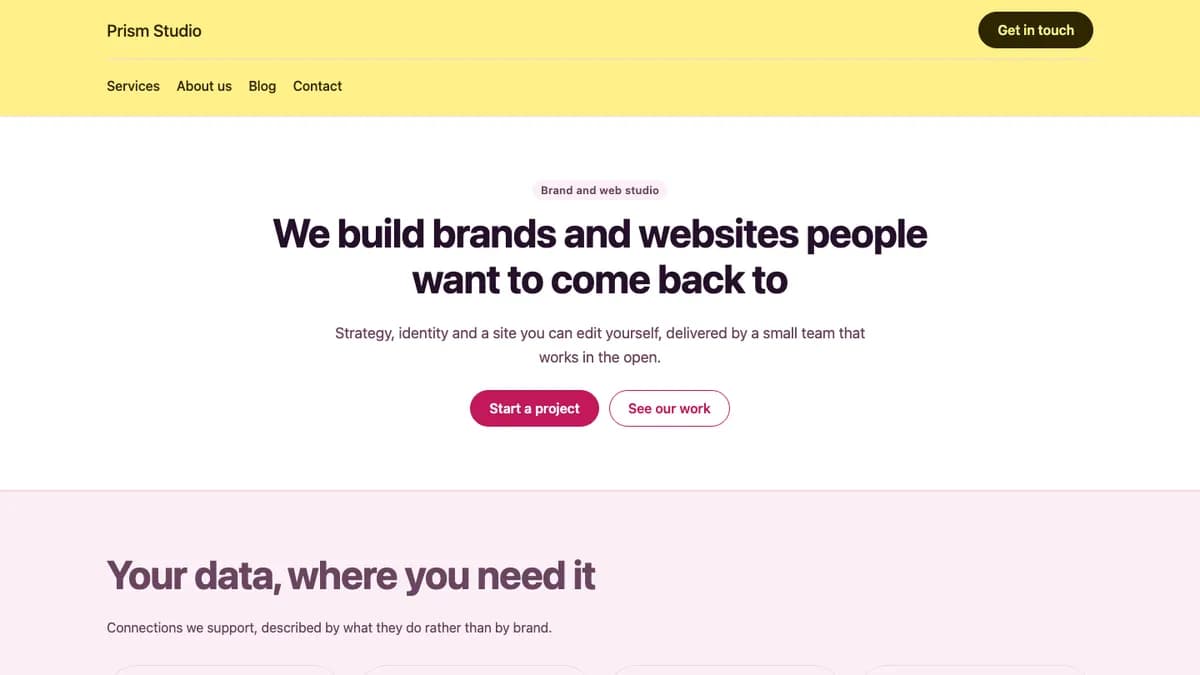 Home page of the Prism theme